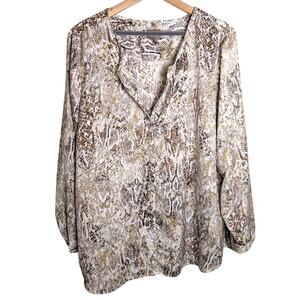 CHICO'S Women Button Up Snake Print Beige Long Sleeve Top Size 3 XL Office Work